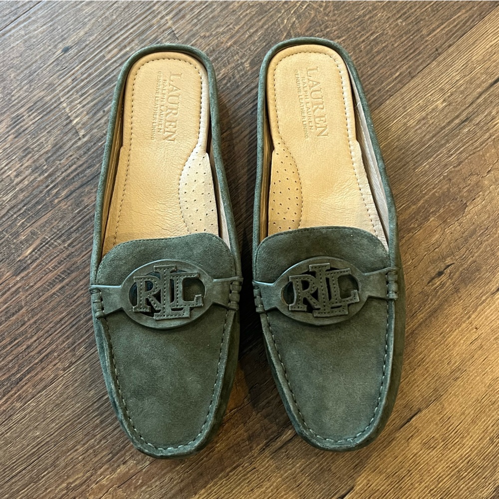 Ralph Lauren Green Suede RLL Logo Mules